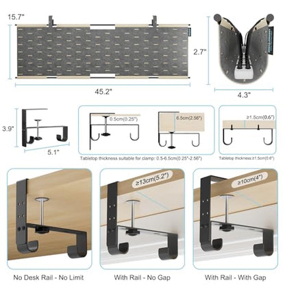 No Drill Under Desk Cable Management Tray, 45.2" Felt Cord Organizer | Clamp or Screw Mount, Converts to Privacy Panel, Pegboard Design, Wire Management for Standing Desk & Home Office - size: 45.2"-Khaki