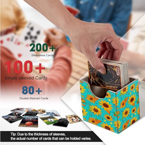 Card Deck Box, Card Storage Box Fits 100+ Single Sleeved Cards, Large Capacity PU Leather Card Storage Box with Strong Magnet for Magic Commander TCG CCG, Cartoon Sunflowers - color: Cartoon Sunflowers
