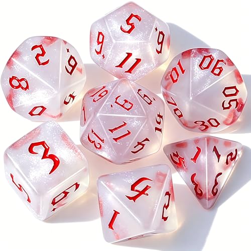 CiaraQ 7pcs Polyhedral Dice Set for Dungeon and Dragons MTG Table Games | Acrylic Role Playing Dice for D&D with Black Velvet Bag – Translucent White with Glitter – Standard Size – Ages 14+ - color: White + Glitter