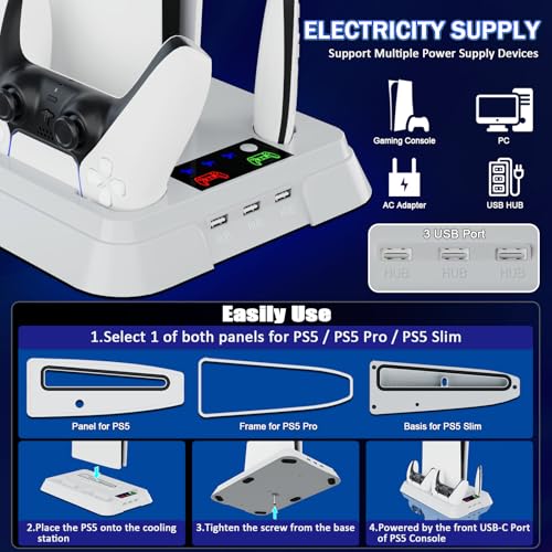 PS5/Slim/Pro Cooling Station for PlayStation 5 Console,PS5 Cooler Fan with Dual PS 5 Controller Charger Incl. 3 Level Fans,Headset,3 USB Hubs,PS5/Slim/Pro Stand for PlayStation 5 Console Accessories - color: Full-White