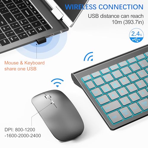 Wireless Backlit Keyboard and Mouse Ultra Slim Combo, TopMate 2.4G Silent Compact 2400DPI Mouse and Scissor Switch Keyboard Set, Batteries Included, for PC/Laptop/Windows/Mac/Gaming - BL Gray Silver - color: BL Gray Silver