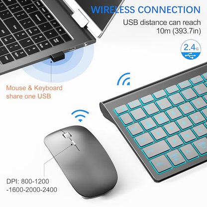 Wireless Backlit Keyboard and Mouse Ultra Slim Combo, TopMate 2.4G Silent Compact 2400DPI Mouse and Scissor Switch Keyboard Set, Batteries Included, for PC/Laptop/Windows/Mac/Gaming - BL Gray Silver - color: BL Gray Silver