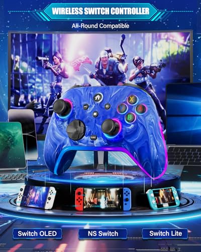 Wireless Switch Controllers for Nintendo Switch/Lite/OLED/Switch 2, 1200mAh Rechargeable Pro Controller, 10 Colors LED Light up, Switch Turbo Remote with Vibration/Motion Control/Turbo/Gyro/Wake up - color: Deep Blue