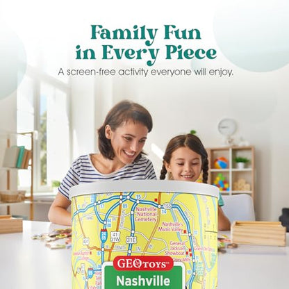 Geotoys Nashville Mini City Puzzle - 100 Piece Puzzles for Kids and Adults in Portable Can, 13" x 10" Educational Travel Puzzle for Ages 7 and Up - Mini Puzzles to Learn & Explore Geography - style: Nashville