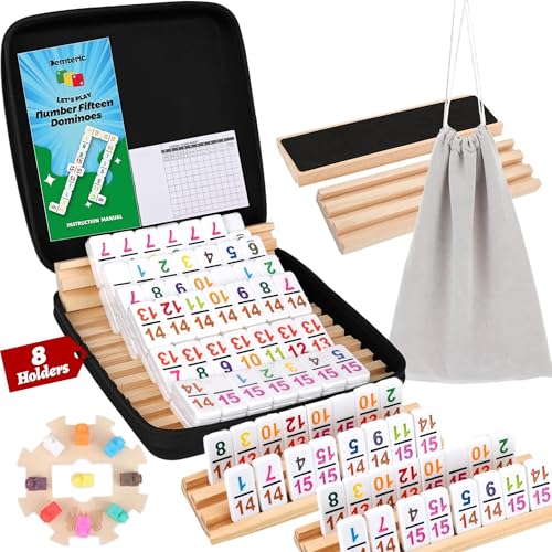 Mexican Train Dominoes Double 15, 136 Number Tiles, 8 Racks & Hub | Colorful Numbered Tiles, Wooden Racks, Center Hub, Portable Case, Great for More Players & Family Game Nights - style: Double 15 Number+8 Racks