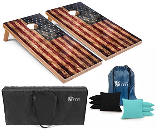Tailgating Pros Rustic American Flag Cornhole Boards w/Bean Bags - 4'x2' Distressed Flag Cornhole Game w/Multicolored LED Ring, Carrying Case & Corn Hole Bags - color: Black / Baby Blue