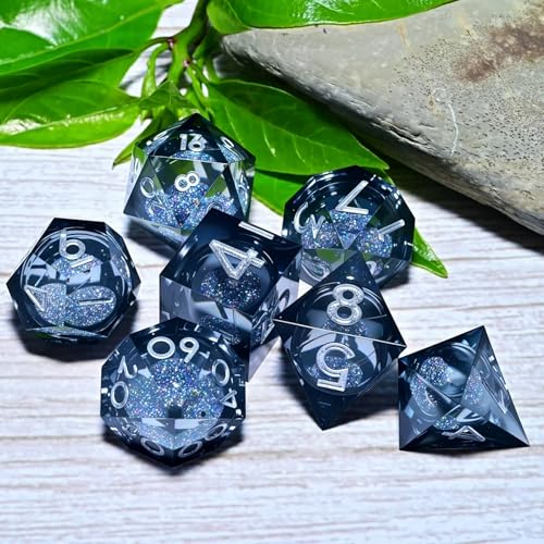 Resin Dice Set,Dragon and Dungeon Polyhedral Metal Dice, Punk Style Role-Play RPG Explorer MTG Pioneer Game DND Dice Set - color: Black Sand-white Text