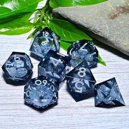 Resin Dice Set,Dragon and Dungeon Polyhedral Metal Dice, Punk Style Role-Play RPG Explorer MTG Pioneer Game DND Dice Set - color: Black Sand-white Text