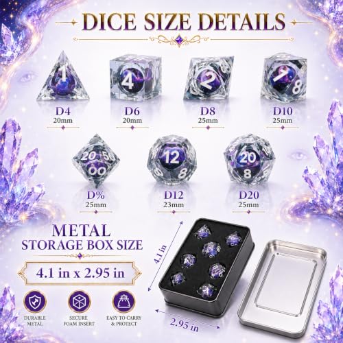 Metal Dice Set for DND - 7pcs with Gift Box, Perfect D&D Gift (Black-Purple) - color: Black-purple