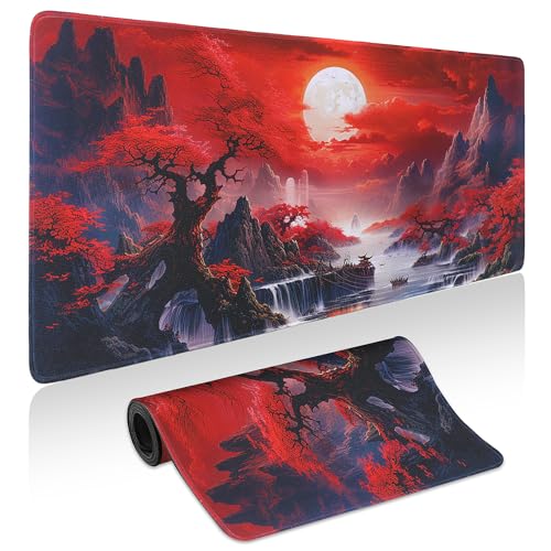 Mouse Pad Gaming - Desk Mat for Keyboard and Mouse - Japanese Red Cherry Blossoms Large Mouse Pads for Desk, Anime Gaming Mousepad (31.5" X 11.8") with Non-Slip Base for Game, Office and Home - color: Red Cherry Blossoms, size: 31.5L x 11.8W inches