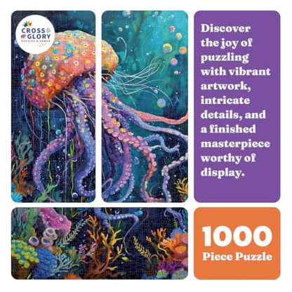 Cross & Glory | 1000 Piece Jigsaw Puzzles for Adults | Ocean’s Opus | The Majestic Medusa | Jellyfish Puzzle | Satin Finish Ocean Puzzle | Ages 14+ - color: Ocean's Opus the Majestic Medusa