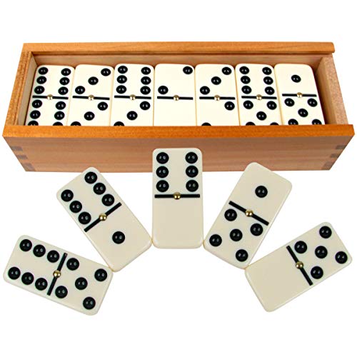 Double Six Dominos - 28-Piece Ivory Dominos Set for Adults and Kids - Classic Number Table Games Game for Family with Wooden Storage Case by Hey Play - style: 28 Piece