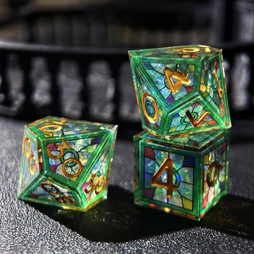 HAOMEJA Double Layered Resin Dice Set 7pcs/ Stained Glass Effect & Gold Numbers/Sharp Edged Polyhedral Dice/Apply to D&D/DND/Role Playing Game/RPG/Party Gift (Green Sky) - color: 1 Green Sky