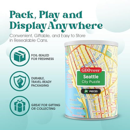 Geotoys Seattle Mini City Puzzle - 100 Piece Puzzles for Kids and Adults in Portable Can, 13" x 10" Educational Travel Puzzle for Ages 7 and Up - Mini Puzzles to Learn & Explore Geography - style: Seattle