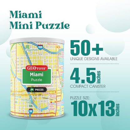 Geotoys Miami Mini City Puzzle - 100 Piece Puzzles for Kids and Adults in Portable Can, 13" x 10" Educational Travel Puzzle for Ages 7 and Up - Mini Puzzles to Learn & Explore Geography - style: Miami