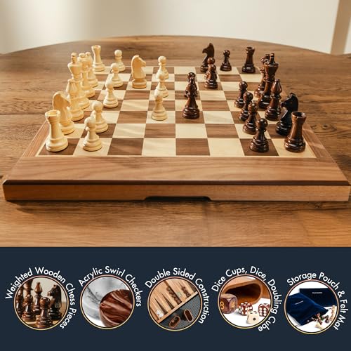 Pointworks 17 Inch Chess Checkers Backgammon Set for adults, Wooden chess set combo, portable folding two sided board multi game design, maple walnut inlay with large weighted pieces, acrylic checkers - style: Backgammon, Chess & Checkers