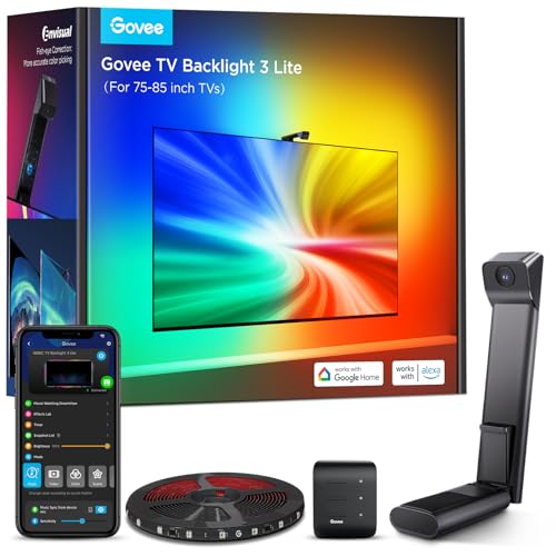 Govee TV Backlight 3 Lite, 16.4ft LED Strip Lights Sync with 75-85 Inch TVs | Upgraded Camera with Fish-Eye Correction Function, RGBICW Screen Sync Lighting, 4 Colors in 1 Lamp Bead, Voice & APP Control - size: 16.4FT for 75''-85'' TV