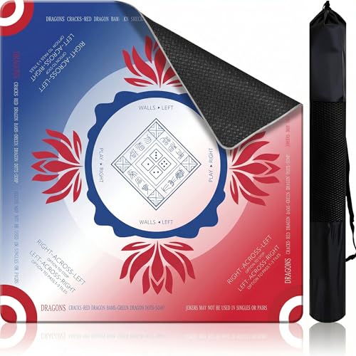 Mahjong Mat 2025 Upgraded No-Crease & No Odor Design, 32.3 Inch with Waterproof Velvet, Non-Slip PU Silicone, Lightweight for Noise Reduction, Includes Printed Rules for Tiles and Cards (Red-Blue) - color: Red-blue