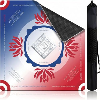 Mahjong Mat 2025 Upgraded No-Crease & No Odor Design, 32.3 Inch with Waterproof Velvet, Non-Slip PU Silicone, Lightweight for Noise Reduction, Includes Printed Rules for Tiles and Cards (Red-Blue) - color: Red-blue
