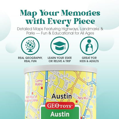 Geotoys Austin Mini City Puzzle - 100 Piece Puzzles for Kids and Adults in Portable Can, 13" x 10" Educational Travel Puzzle for Ages 7 and Up - Mini Puzzles to Learn & Explore Geography - style: Austin