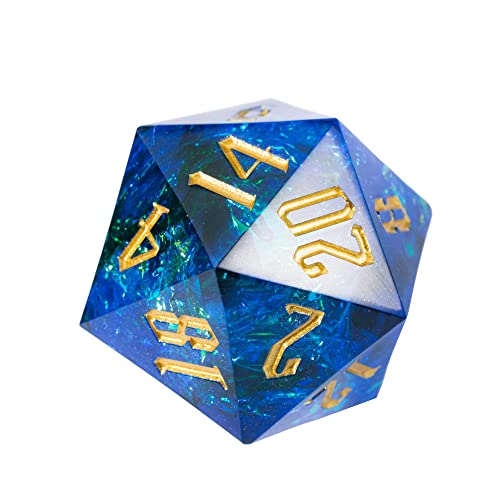 Cusdie Single D20 DND Dice with Sharp Edges and Glitter Foil Inclusions, 20 Sided D&D Dice, 33mm Handcrafted Polyhedral Dice, for Role Playing Game (Sapphire Blue/G) - color: Sapphire Blue