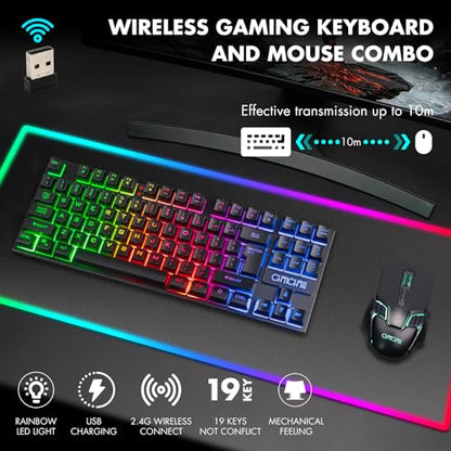 CHONCHOW Wireless Gaming Keyboard and Mouse Combo, Rechargeable 87 Key LED Light Up Keyboard Ergonomic Gaming Mouse, Backlit Wireless Mouse and Keyboard for Xbox PS4 PS4 PC Laptop