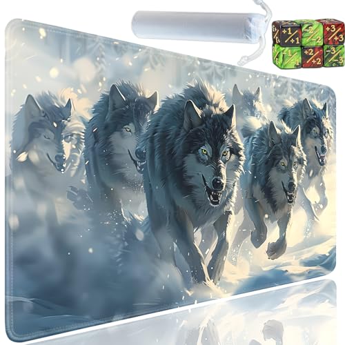 Playmat for MTG, 24x14 Inches Playmats, for TCG and CCG Trading Card Game Mat, Non-Slip Rubber for MTG Playmats with A Storage Bag and 6 Dice Set, Arctic Wolf Pattern - color: Yu-Playmat-1-E140