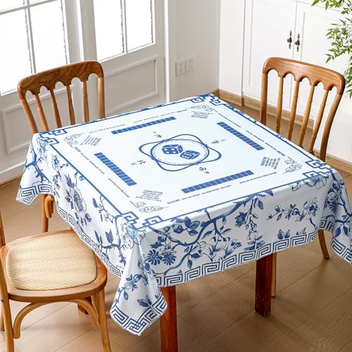 Oudain Chinoiserie Mahjong Tablecloth Florals Card Table Cloth 55x 55 Inch Square Tablecloth Game Table Cover with Game Rules for Mahjong Beginners, Card, Board Tile Games(Blue and White) - color: Blue and White