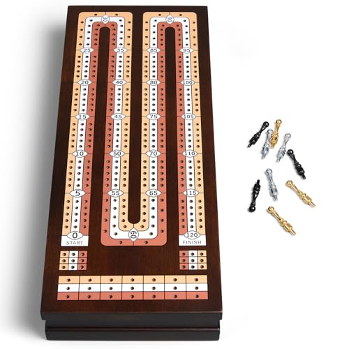 BIVOMON Wooden Cribbage Board Game Set with Large Storage Area, 3 Track Cribbage Board, 9 Metal Pegs｜2 Playing Cards｜Magnetic Lock, Family Travel Portable Tabletop Game for Adults & Kids (Instruction)
