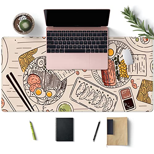 Japanese Ramen Sushi Food Desk Mat Beige XL Mouse Pad Large Full Desk Mousepad Gaming Extended Keyboard Mouse Mat Desk Pad for Computer Laptop 31.5''X15.7'' Non-Slip Rubber Base with Stitched Edges - color: A Beige Food