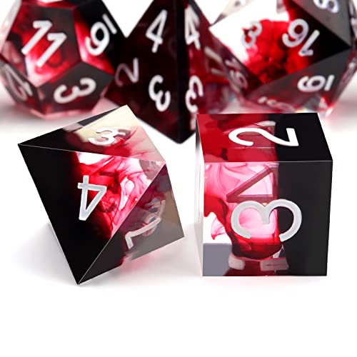 Haxtec Sharp Edge DND Dice Set Red Blood Swirls Resin Dice D&D Dice with Dice Case for RPG Role Playing Games Compatible with Dungeons and Dragons Gift-White Ink - color: Black Red