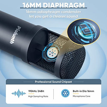 USB Microphone, Plug & Play 192kHz/24bit Cardioid Condenser Studio Mic Kit with Professional Sound Chipset Mount Pop Filte and Boom Arm for Recording, Gaming, Streaming, Skype, Podcast