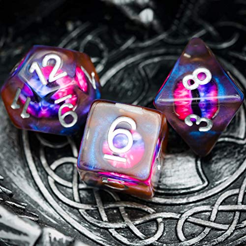Cusdie 7-Die DND Dice, Polyhedral Dice Set Filled with Eyeball, for Role Playing Game D&D Dice (Orange Eyeball) - color: Orange Eyeball