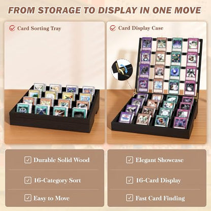 Emfogo Wooden Card Sorting Tray Trading Card Display, 16-Compartment Trading Cards Organizer with Handle Design, Cards Sorter for Sports, Trading, TCG, Game, and Collection Display, Black