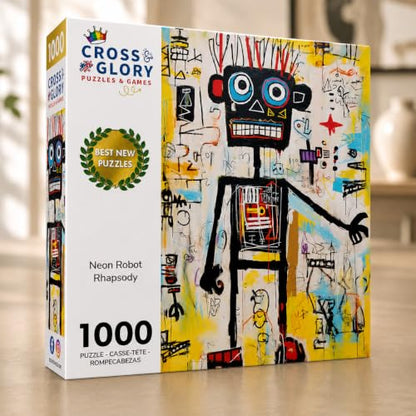 Cross & Glory | 1000 Piece Jigsaw Puzzles for Adults | Neon Robot Rhapsody | Abstract Neo-Expressionism Art | Luminous Yellow Highlights | 2mm Thick Pieces | Satin Finish | Ages 14+ - color: Neon Robot Rhapsody