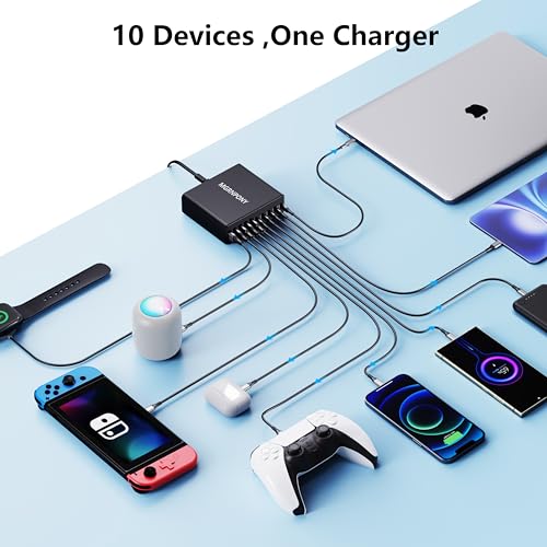 320W USB C Charger Block, 10-Port GaN USB C Charging Station Black | PD 65W Laptop Fast Charger Adapter for MacBook Pro/Air, DELL, iPad, iPhone, Samsung Galaxy - color: Black