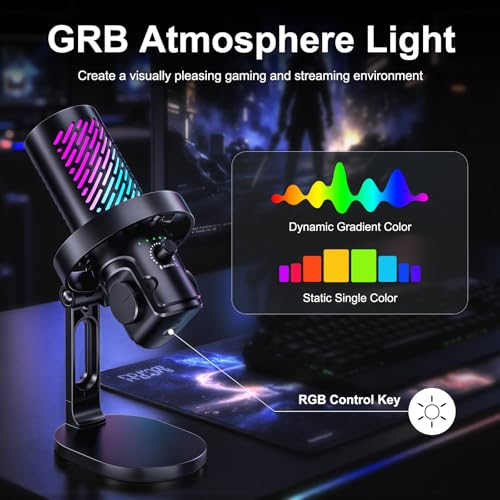 RGB USB Gaming Microphone for PC, Streaming & Podcast, Cardioid Condenser Mic with Noise Reduction, Touch Mute, Headphone Monitoring, Gain Control, Plug & Play for Mac Phone