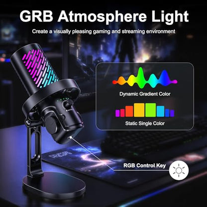 RGB USB Gaming Microphone for PC, Streaming & Podcast, Cardioid Condenser Mic with Noise Reduction, Touch Mute, Headphone Monitoring, Gain Control, Plug & Play for Mac Phone