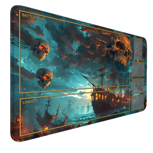 MTG MATS, 24" x 14" Skull TCG DND Playmats Stitched Edges for Trading Card Smooth Rubber Surface Anti-Slip Mouse Pad with Storage Bag Thickened 3mm for Magic Playmat Gaming Mat - color: Pirate Ship, size: Playmat With Zones