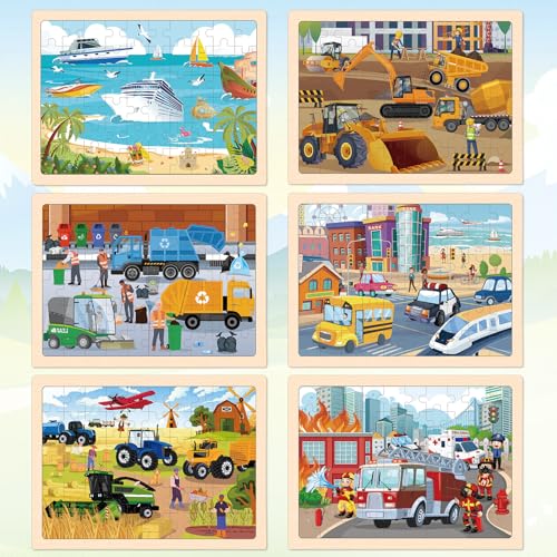 6-Pack Wooden Puzzles for Kids Ages 3-5, 60-Piece Construction Vehicle Set | Toddler Puzzles Ages 3-5, Preschool Puzzles with Wooden Jigsaw Boards for Fine Motor Skills, Shape Recognition and Travel - style: Vehicles