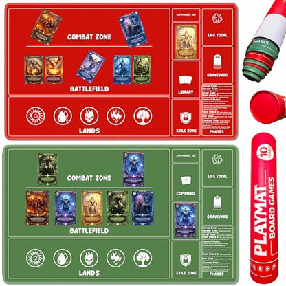 Card Game Playmat for MTG, TCG with Storage Tube Case – 2 Pack Trading Card Games Playmat with Zones & Phase Guide for Beginner Causal Player, Compatible with MTG Commander & TCG Play - Red/Green - color: Red+green