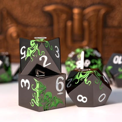 Octopus Metal RPG Dice Set,7-Piece,Inspired by Cthulhu Mythos,Abyss Green on Black,Heavy Zinc Alloy Dice for Fantasy RPGs & Collectors (Black Green) - color: Black Green