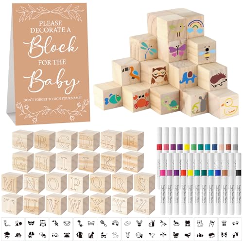 117 Pcs Baby Shower Blocks to Decorate Game Kit Includes 52 Wooden Blocks 24 Markers 1 Game Sign 40 Templates to Paint (Kraft) - color: Kraft