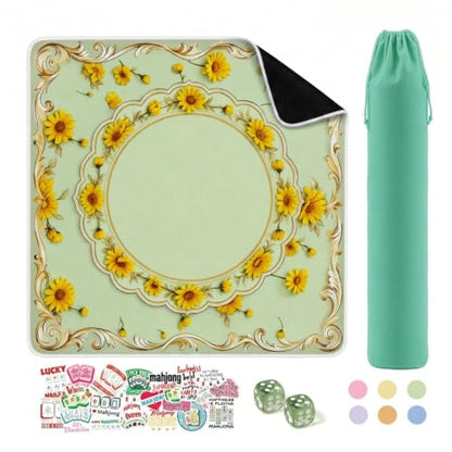 Green Mahjong Mat for Table & 50PCS Stickers| Carrying Bag, Heavy Floral Mahjong Mats& 2 Dices, Noise Reduction Non Slip Foldable, 31.5x31.5 Game Table Cover, for Playing Card, Board Tile Games - color: Green