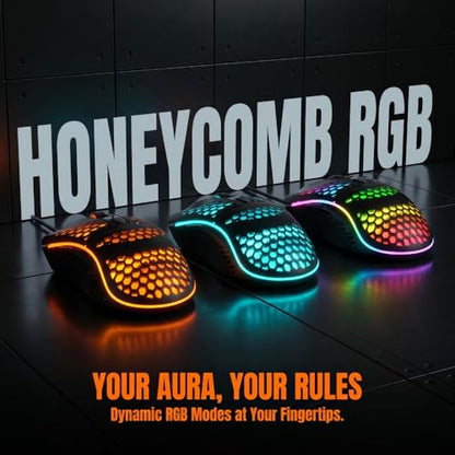 【Lightweight Honeycomb Design】 Ergonomic Wired Gaming Mouse, 1600 DPI, 4 Buttons, RGB Rainbow LED Backlit, 1.3M USB Cable, Plug & Play for PC/MAC Gamers - color: Black, size: Professional Mouse