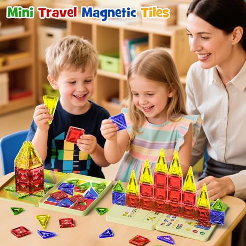 Mini Magnetic Tiles for Kids Travel: 40PCS Portable Building Blocks | Metal Storage Box & Visual Guide for 1-Minute Cleanup - Diamond Sparkle STEM Travel Toys for Toddlers Boys Girls Age 3-8 - style: Diamond Texture Mini Magnetic Tiles - 40 PCS