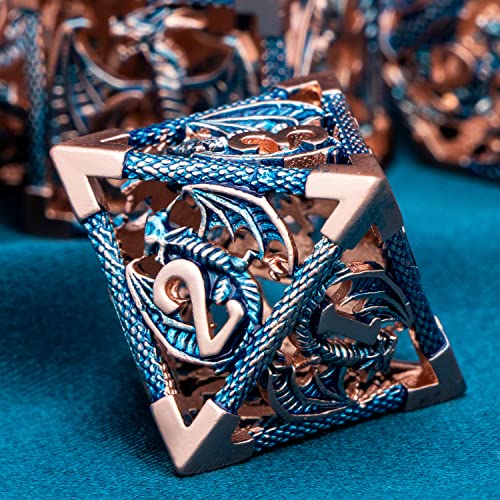 ARUOHHA Hollow DND Metal Dice Set Blue Dragons D and D Dice, RPG Role Playing Games Dungeons Polyhedral Dice with Gift Box D20 D12 D10 D8 D6 D4 - color: Copper Blue