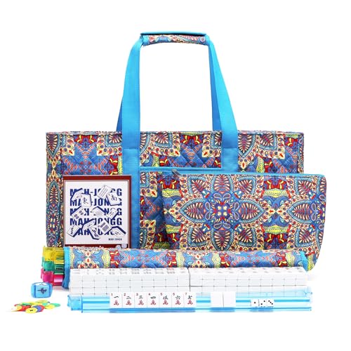 American Mahjong Tile Set with Blue Printed Carrying Bag, 166 Premium White Tiles, 4 All-in-One Color Racks/Pushers, Mah Jongg Sets, Complete Mahjong Game Set for Travel - color: Blue Print