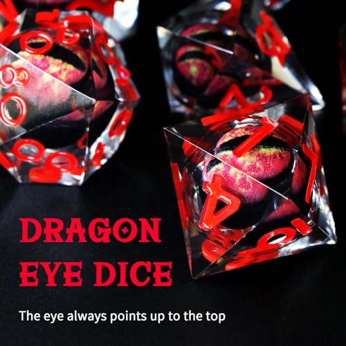 FONVGOGO Liquid Core DND Dice, Dragon Eye Dice Set D and D Sharp Edge Resin Dungeons and Dragons Dice Polyhedral Beholder's Ttrpg Die Role Playing RPG D and D Dice (Red) - color: Dragon Eye Red