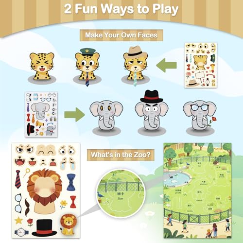 Make a Face Stickers for Kids, 10 Cute Animal Sticker Sheets and 1 Scene Card, Mess-Free DIY Classroom Activities, Goodie Bag Stuffers, Party Favors, Removable and Repositionable - style: Zoo